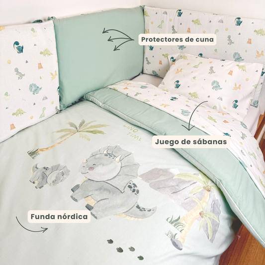 Pack de cuna Dinosaurio - Funda nórdica juego de sábanas y Protector de cuna