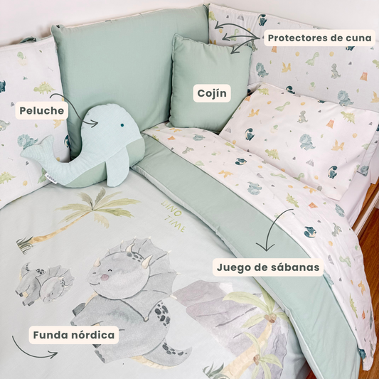 Pack completo cuna Dinosaurio - Funda nórdica juego de sábanas Protector de cuna cojín y peluche
