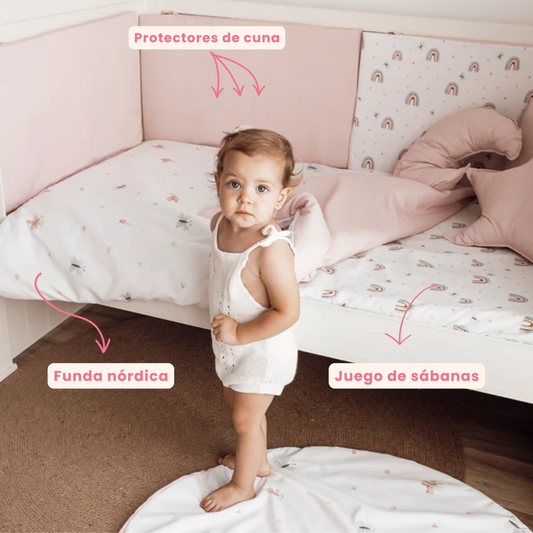 Pack de cuna Arcoiris - Funda nórdica juego de sábanas y Protector de cuna