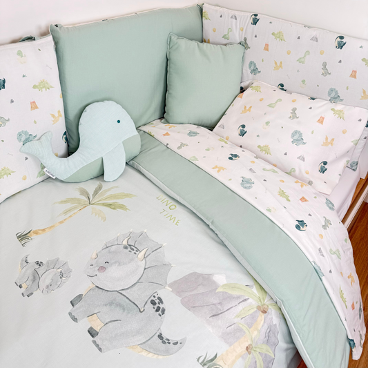 Pack completo cuna Dinosaurio - Funda nórdica juego de sábanas Protector de cuna cojín y peluche