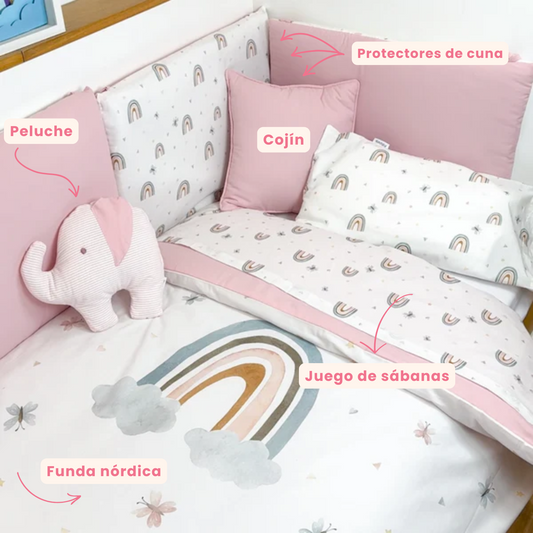 Pack completo cuna Arcoiris - Funda nórdica juego de sábanas Protector de cuna cojín y peluche