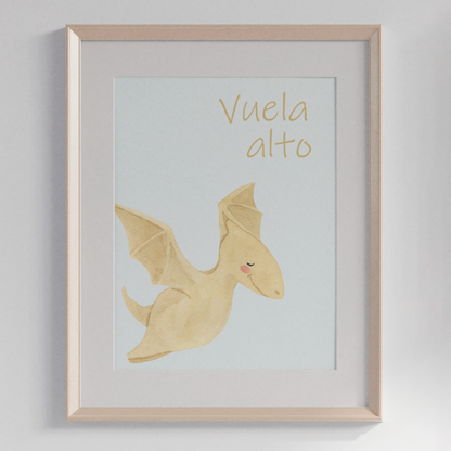 Children's print of a dinosaur with the phrase Fly High
