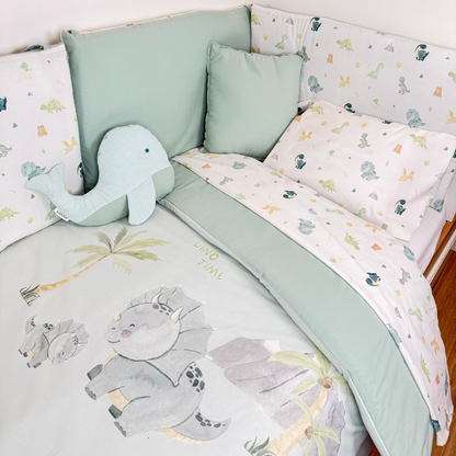 Pack completo cuna Dinosaurio - Funda nórdica juego de sábanas Protector de cuna cojín y peluche